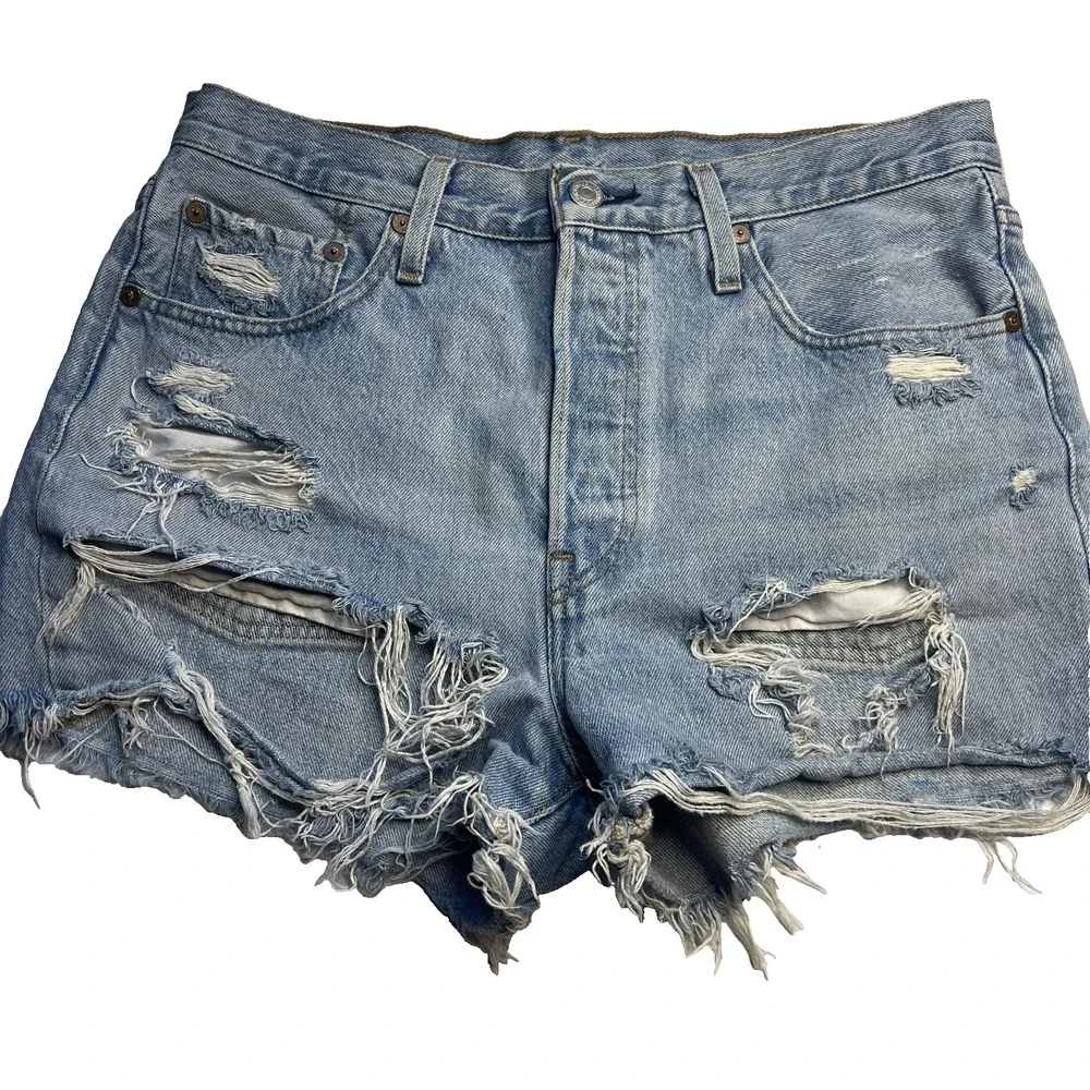 Levi's 501 Cut Off Blue Jean Shorts Women 28 High Rise Button Fly Hipster Summer